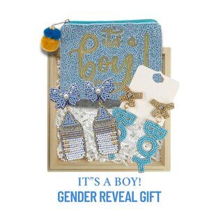 IT'S A BOY Gender Reveal Baby Shower Party Gift Pregnancy Two Earrings & Purse